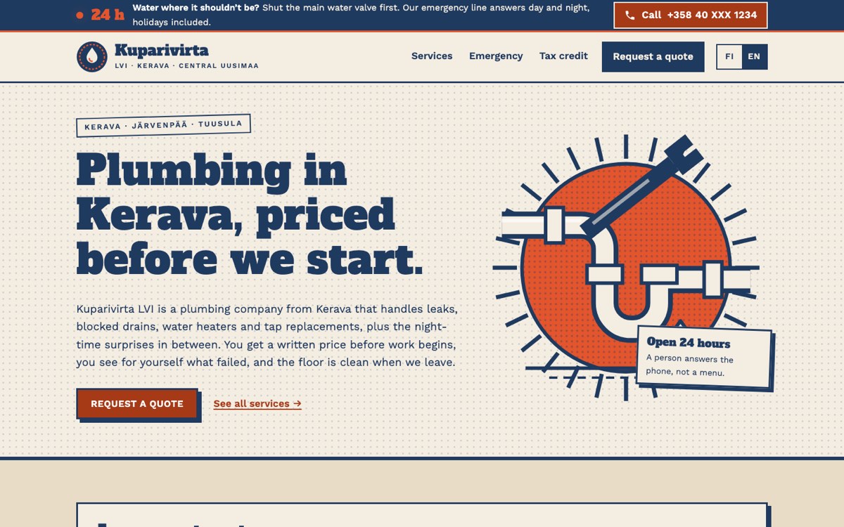 Desktop view of the example website for a plumbing company