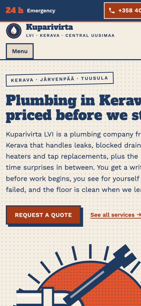 Phone view of the example website for a plumbing company