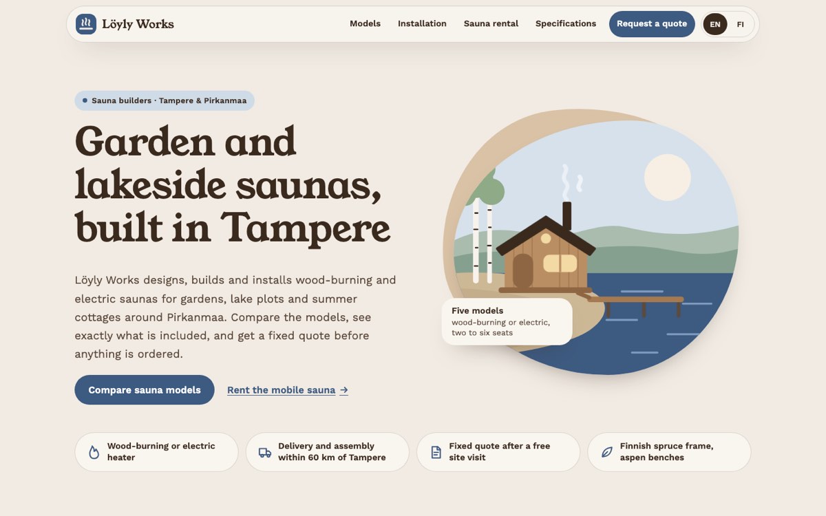 Desktop view of the example website for a sauna builder and sauna rental
