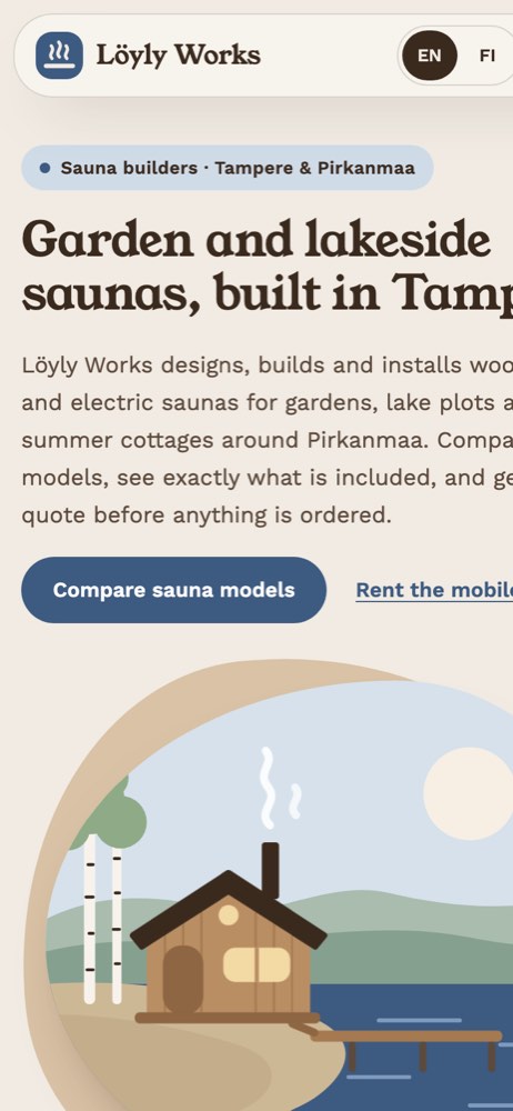 Phone view of the example website for a sauna builder and sauna rental