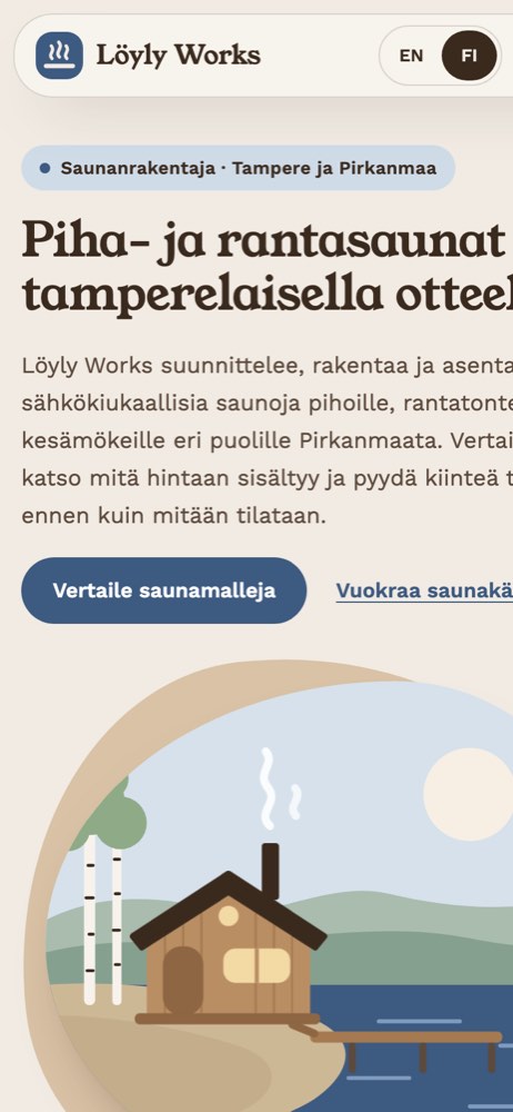 Esimerkkisivusto puhelimella: saunavalmistaja ja saunavuokraus