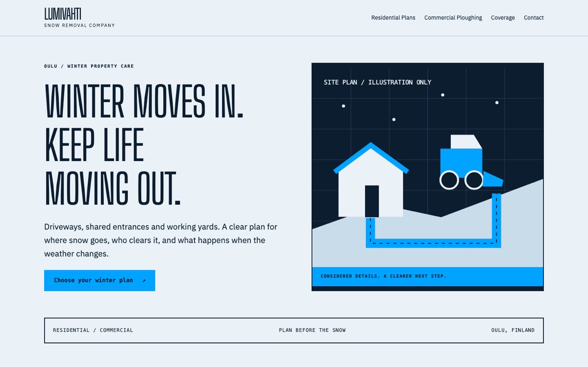 Desktop view of the example website for a snow removal company