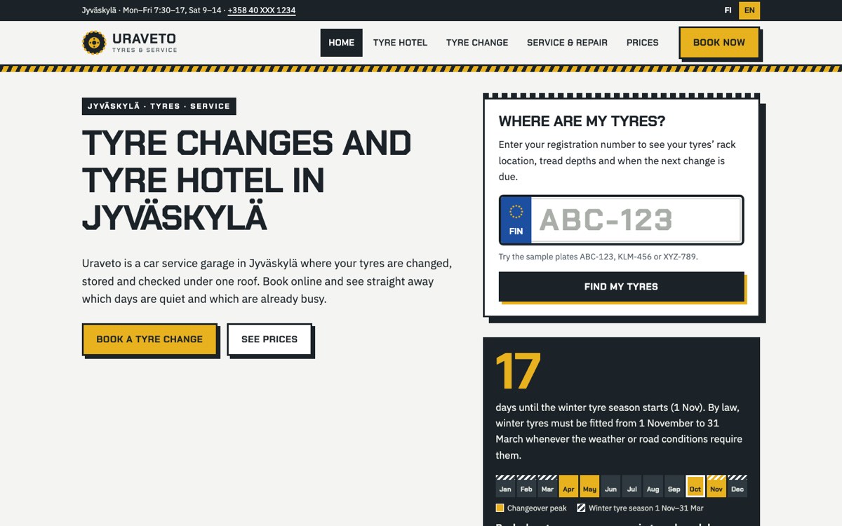 Desktop view of the example website for a tyre shop and tyre hotel