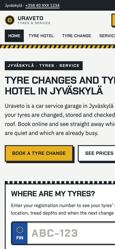 Phone view of the example website for a tyre shop and tyre hotel