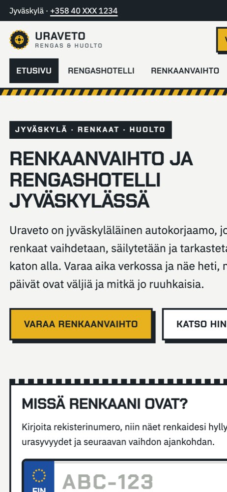 Esimerkkisivusto puhelimella: rengasliike ja rengashotelli