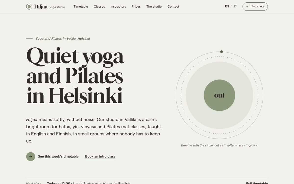 Desktop view of the example website for a yoga and pilates studio