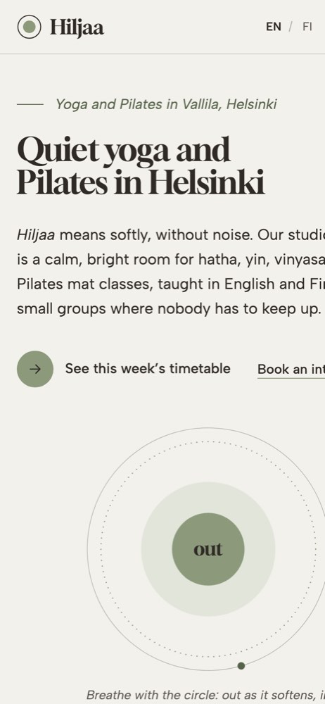 Phone view of the example website for a yoga and pilates studio