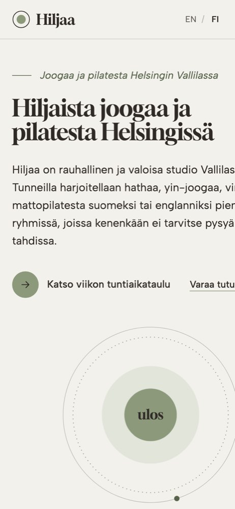 Esimerkkisivusto puhelimella: jooga- ja pilatesstudio