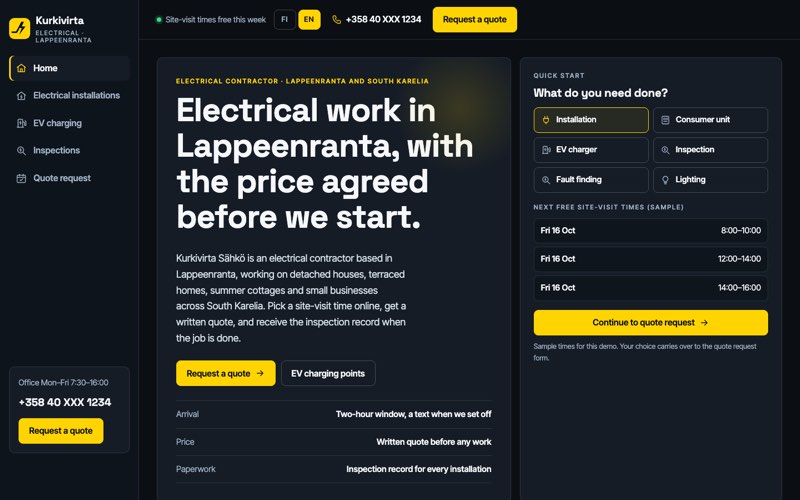 Home page of an example website for a electrical contractor