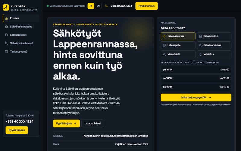 Esimerkkisivuston etusivu: sähköurakoitsija