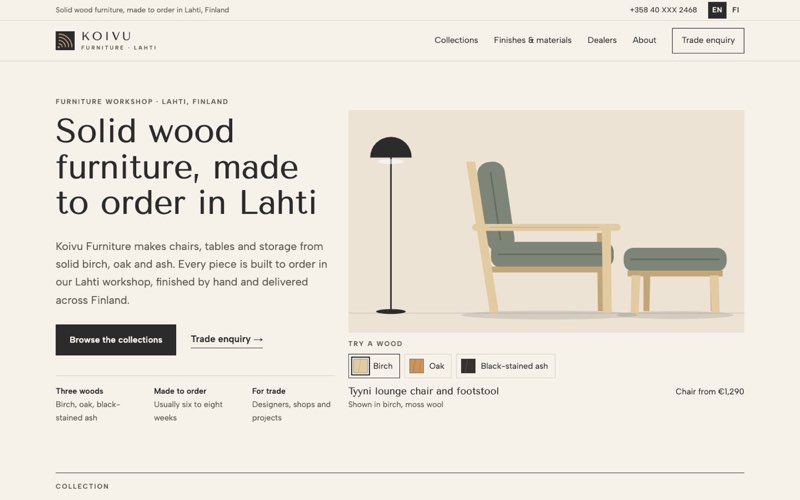 Home page of an example website for a furniture maker