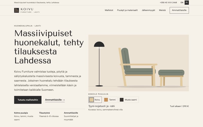 Esimerkkisivuston etusivu: huonekaluvalmistaja