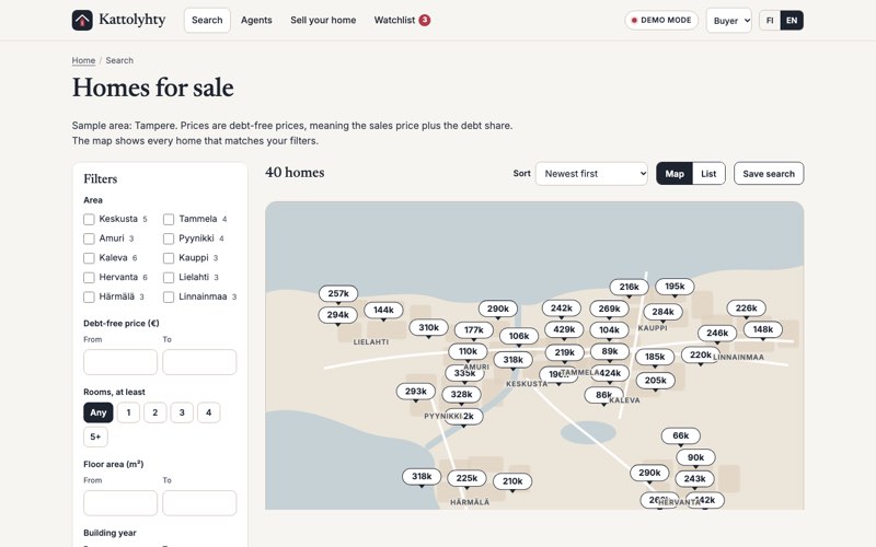 Home page of an example website for a property marketplace platform