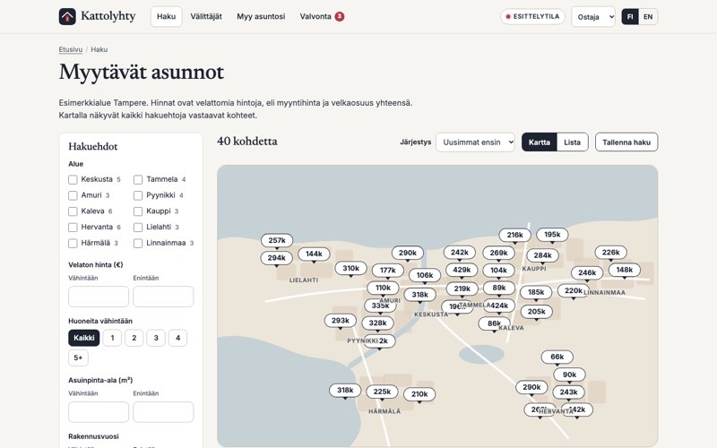 Esimerkkisivuston etusivu: asuntojen markkinapaikka