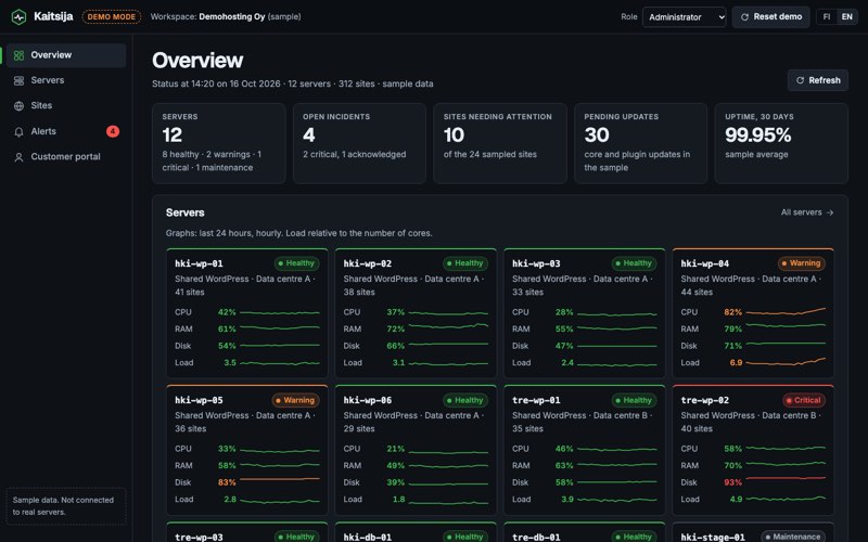 Home page of an example website for a hosting and server monitoring platform