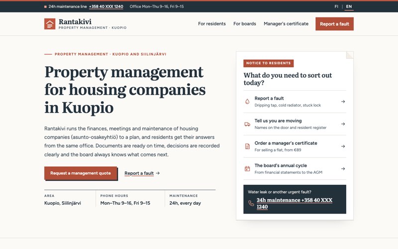 Home page of an example website for a housing company manager