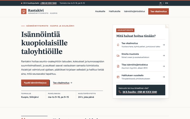 Esimerkkisivuston etusivu: isännöintitoimisto