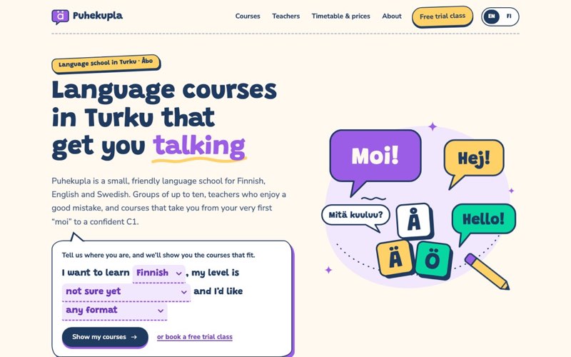 Home page of an example website for a language school