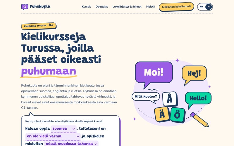 Esimerkkisivuston etusivu: kielikoulu