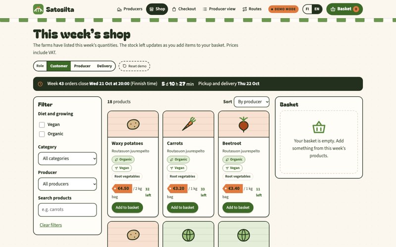 Home page of an example website for a local food ordering platform