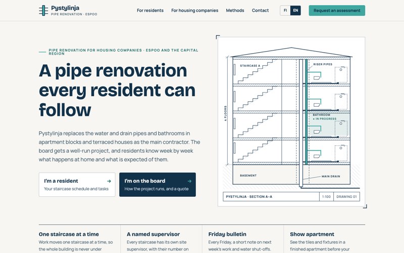 Home page of an example website for a pipe renovation contractor