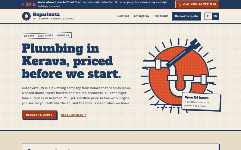 Home page of an example website for a plumbing company