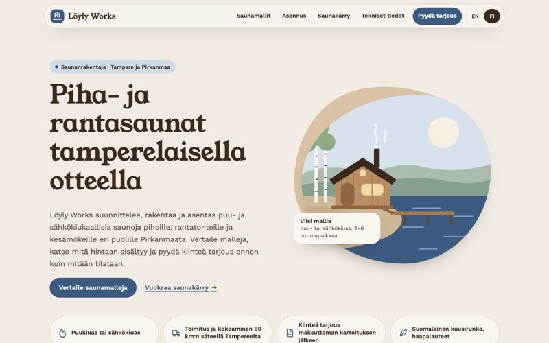 Esimerkkisivuston etusivu: saunavalmistaja ja saunavuokraus