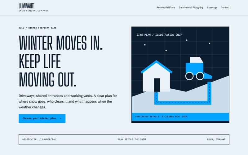 Home page of an example website for a snow removal company