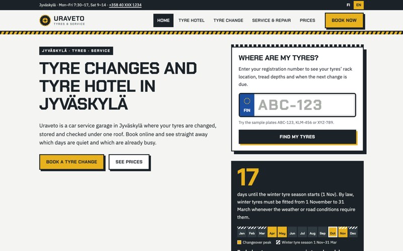 Home page of an example website for a tyre shop and tyre hotel