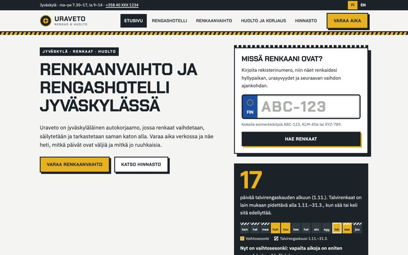 Esimerkkisivuston etusivu: rengasliike ja rengashotelli