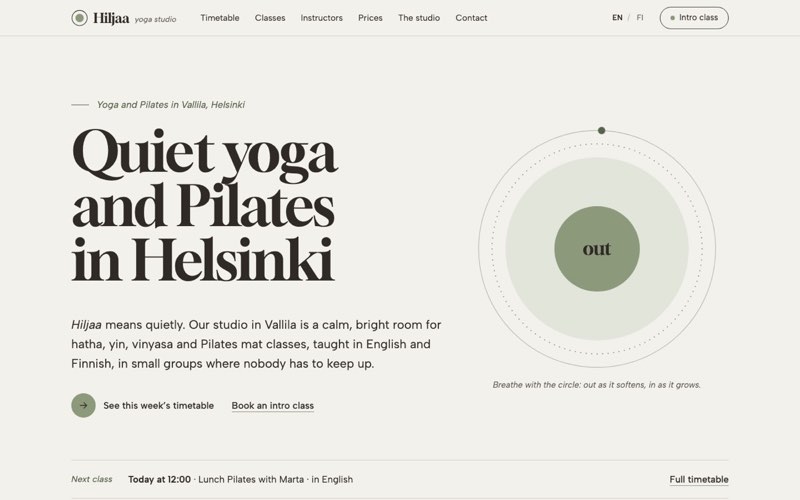 Home page of an example website for a yoga and pilates studio