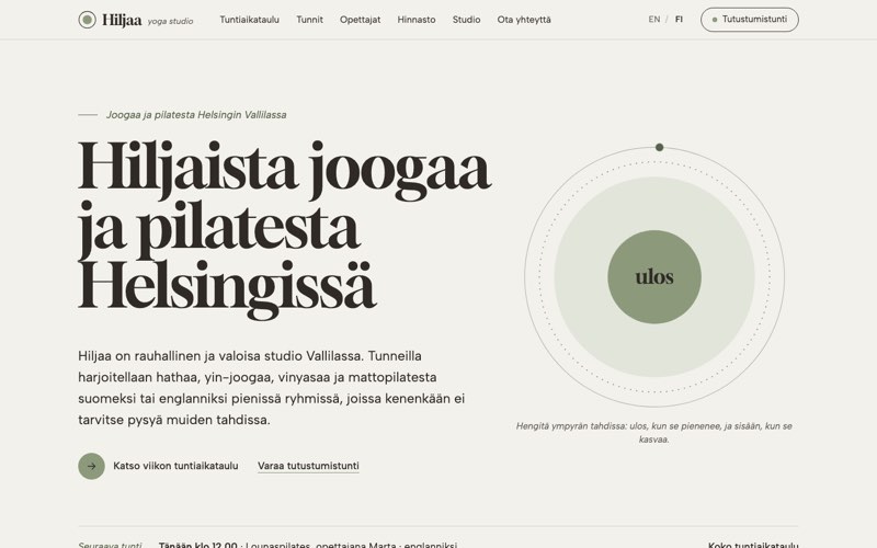 Esimerkkisivuston etusivu: jooga- ja pilatesstudio